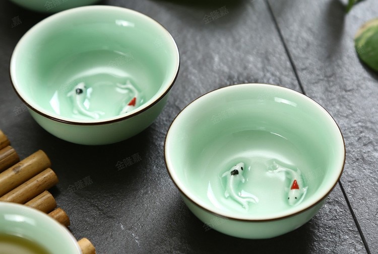 Chinese Longquan Celadon Porselein 1Pcs Thee Cup, china Theekopjes En Saucertea Kom Gouden Vis 60Ml China Thee Pot Celadon Theekopjes