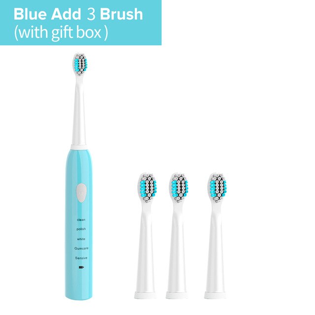 Electric Toothbrush Rechargeable 5 Modes Sonic Toothbrush with 4 Brush Head Waterproof Timer Tooth Brush Whitening For All: Blue 1 with 3 Heads