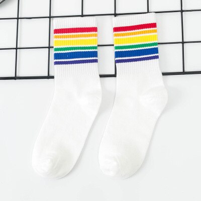 Grappige Leuke Regenboog Gestreepte Sokken Meisjes Katoen Losse Crew Sokken Kleurrijke Vrouwen Kid Harajuku Retro Kerstcadeau Sokken: White 1