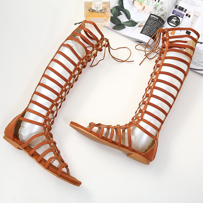 NIUFUNI Leather Women's Lace Up Sandals Strappy Peep Toe Knee High Back Zip Gladiator Flats Sandals Roman Bandage Casual Shoes