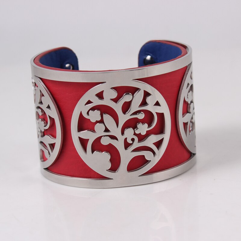 Árvore da vida pulseira de aço inoxidável ajustável georgette bangles intercambiáveis pulseira de couro para presente de jóias femininas: 5cm wide red
