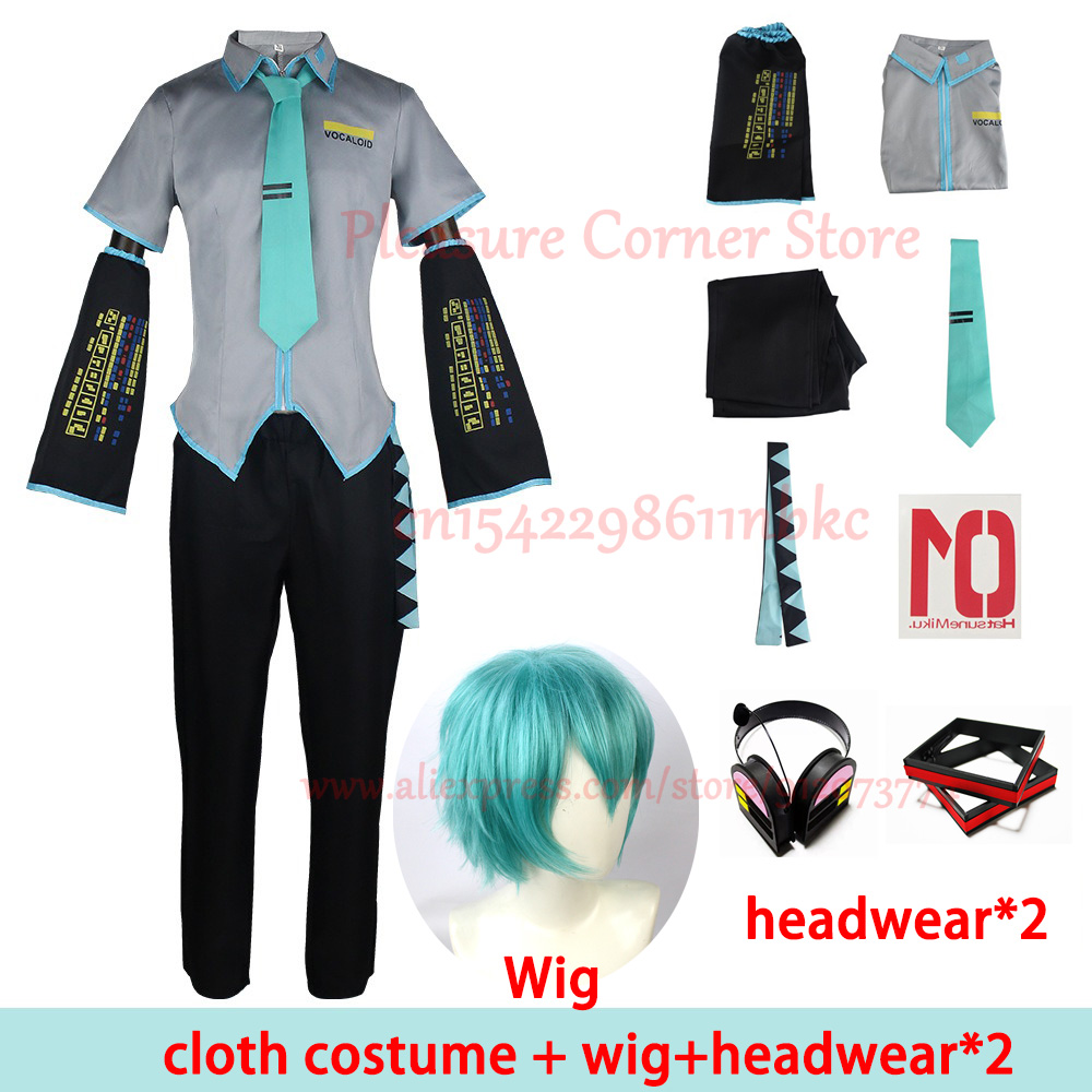 Peluca de disfraz de Miku para hombre, tamaño europeo, conjunto completo de tela de cuero plateado, traje de tela, uniforme de estilo masculino Miku