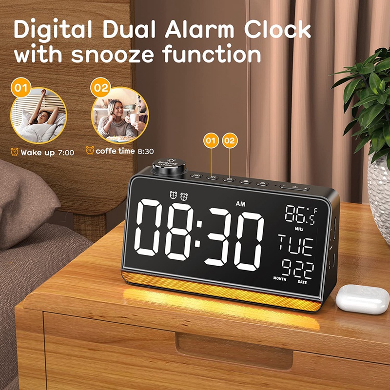 Radio-réveil numérique pour chambre à coucher, 9 pouces, avec chargeur USB, double réveil, 4 fonctions sonores de sommeil