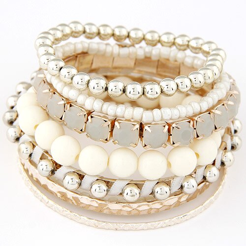 LEMOER Bohemian Candy Color Multilayer Beads Bracelet Bangles jewelry for women pulseras mujer wrist band: beige