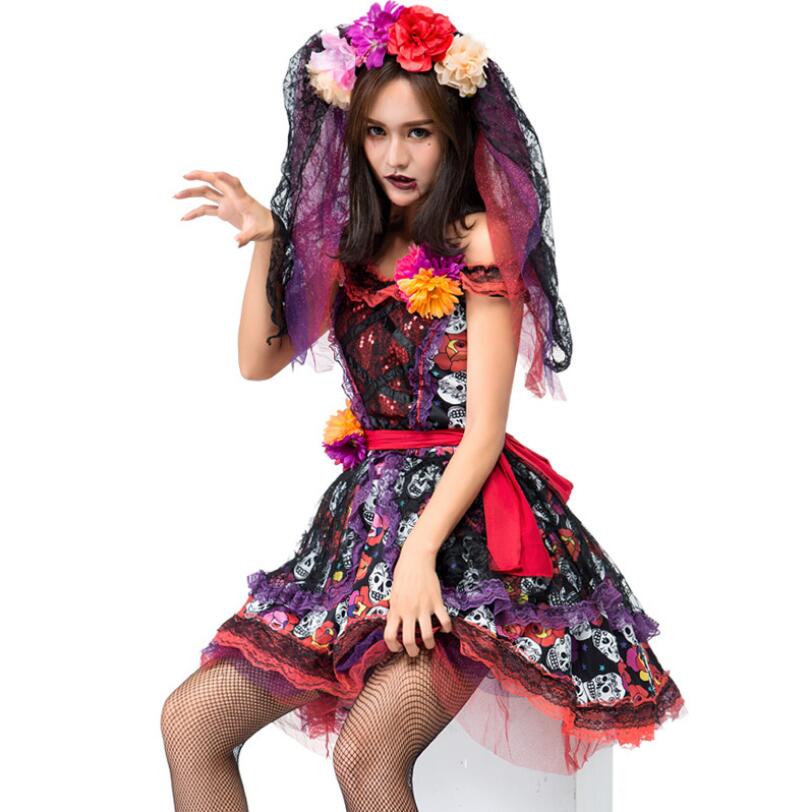Adulte femmes sucre crâne Dia Costumes mexicain jour des morts maquillage fête fleur fée fantômes robe de mariée