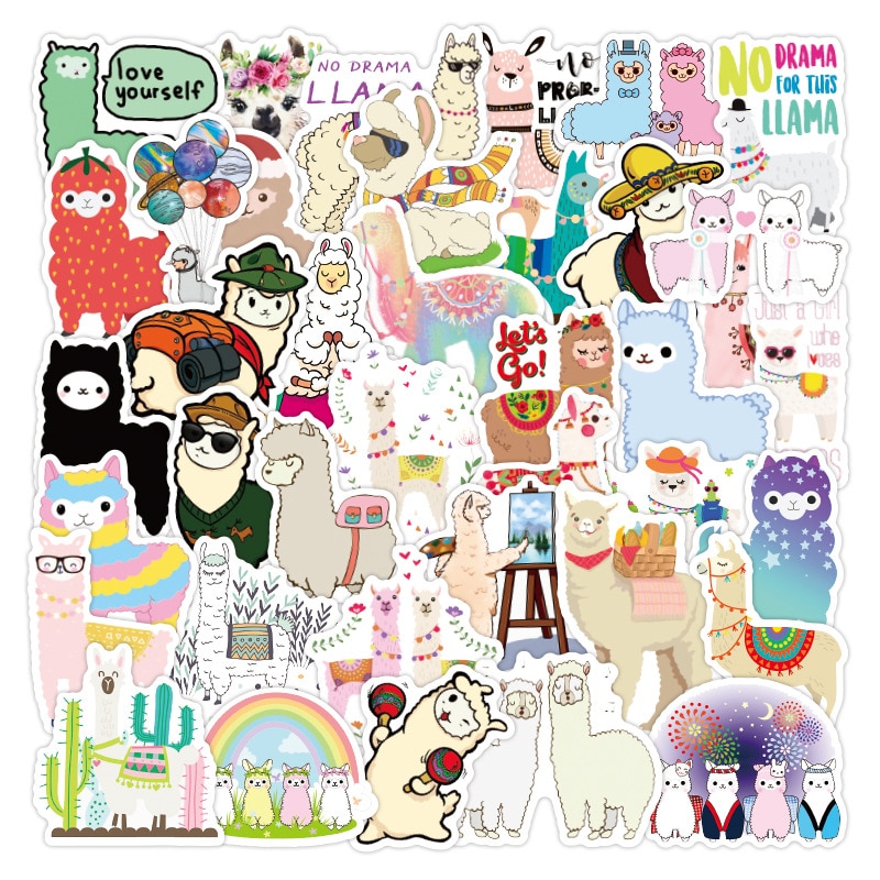 50 pièces lama alpaga mignon autocollant Kawaii dessin animé chameau mouton animaux autocollants pour enfants récompense autocollants Scrapbooking vélo voiture décalcomanie