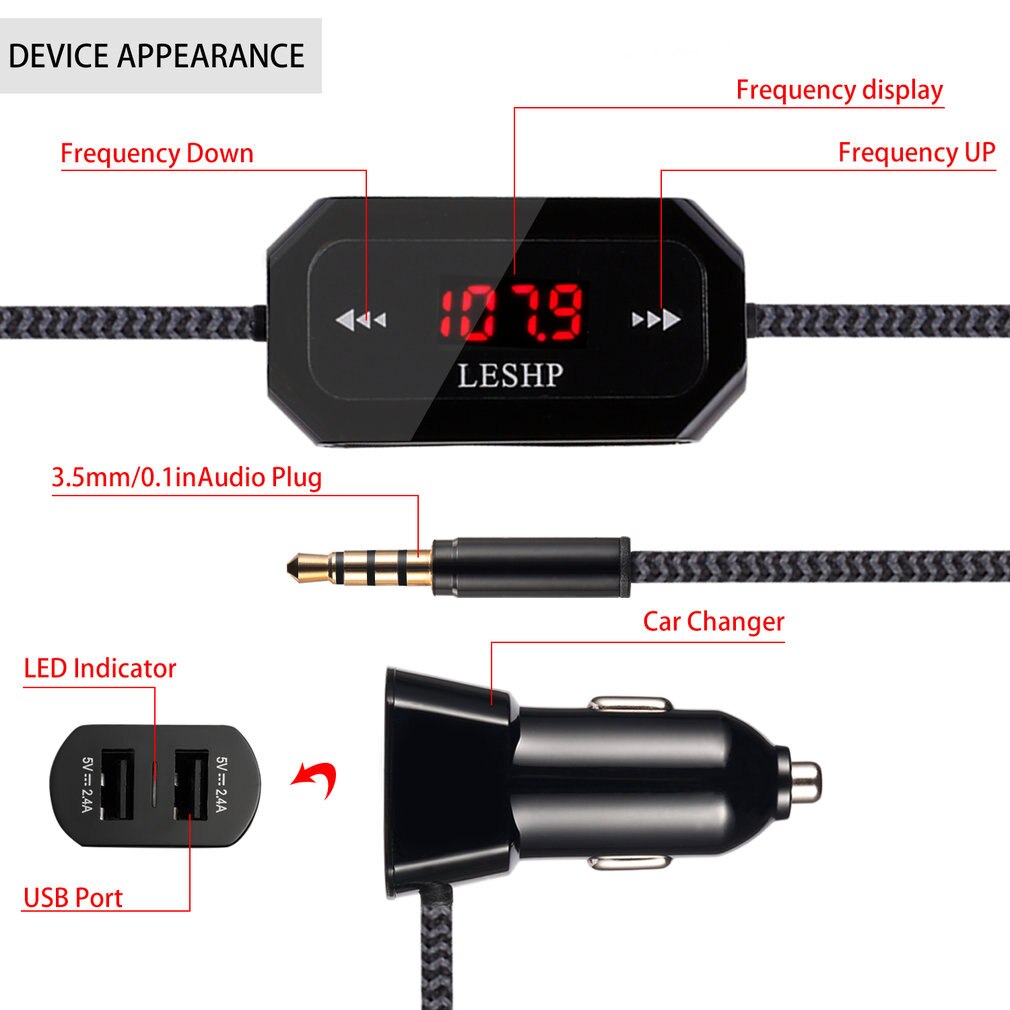 Leshp transmisor inalámbrico de Fm Radio Kit de coche para teléfonos inteligentes paquete con conector de Audio de 3,5 Mm y un cargador de coche