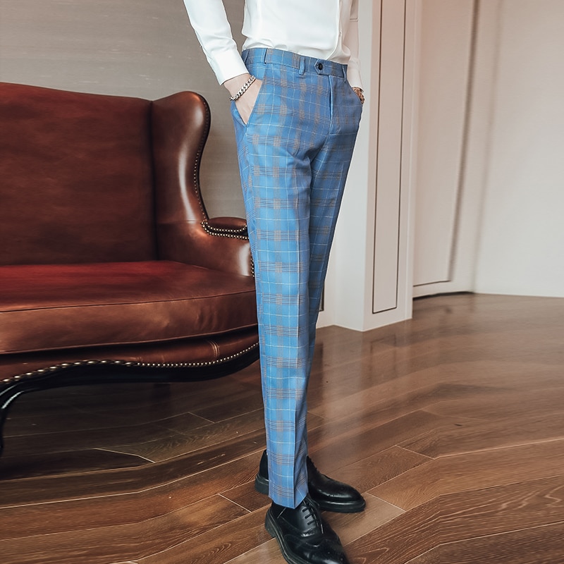 Brand Lake Blue Dress Pants Men Spring Autumn Formal Pants For Men Mens Plaid Pants Slim Fit Office Trousers P16