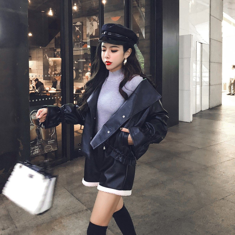 Spring and autumn women's leather jacket short loose high waist leather jacket