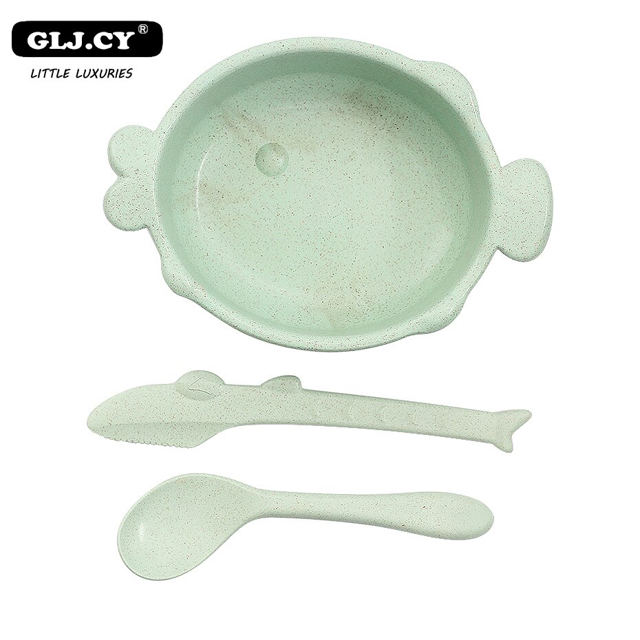 3 unids/set alimentación de bebé alimentos vajilla Boca de pescado de paja de trigo de la protección del medio ambiente de formación de los niños vajilla placa: green Set