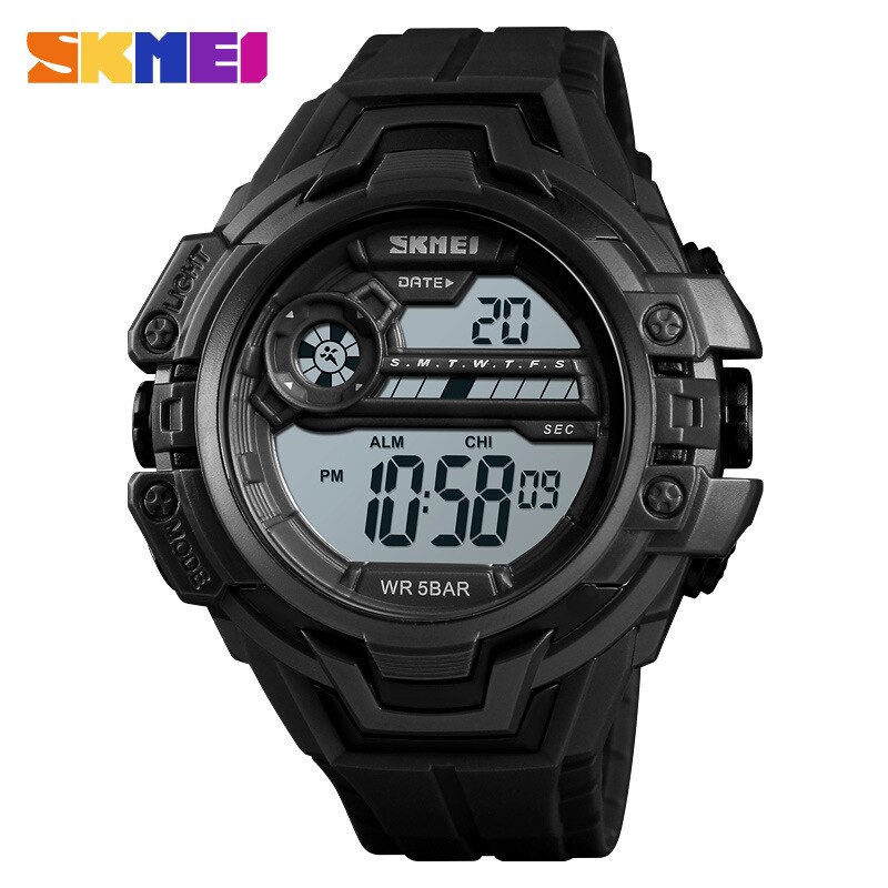 SKMEI1383 Mannen Elektronische Sport Horloge Japan Beweging Multifunctionele Outdoor Sport Lijm Horloge: Black