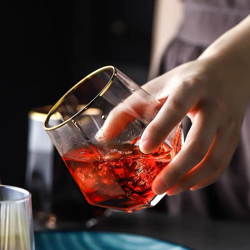 Krystallglass kopp gylden kant gjennomsiktig kaffe melk te krus geometrisk whiskyglass hjem bar drinkware par