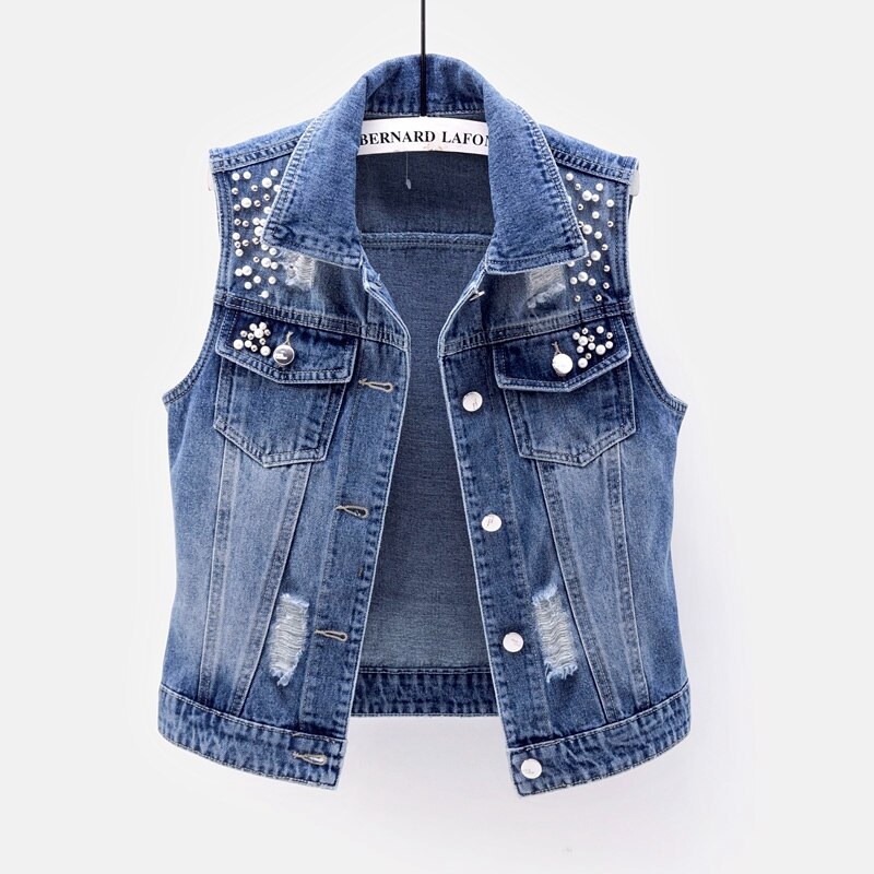 5xl ærmer uden ærmer til kvinder sommer vest denim vest casual korte jeans jakke perlehul slank jeans frakke: M