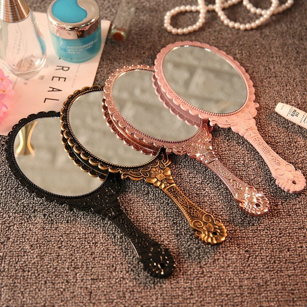Vintage Spiegel Houvast Make-Up Spiegel Roze Repousse Bloemen Ovale Ronde Cosmetische Hand Held Spiegel Met Handvat Voor Dames
