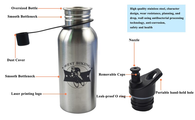West biking cykelflaske 600ml stor kapacitet rustfrit stål cykelkedler holder kølig sommer sport kop cykling vandflasker
