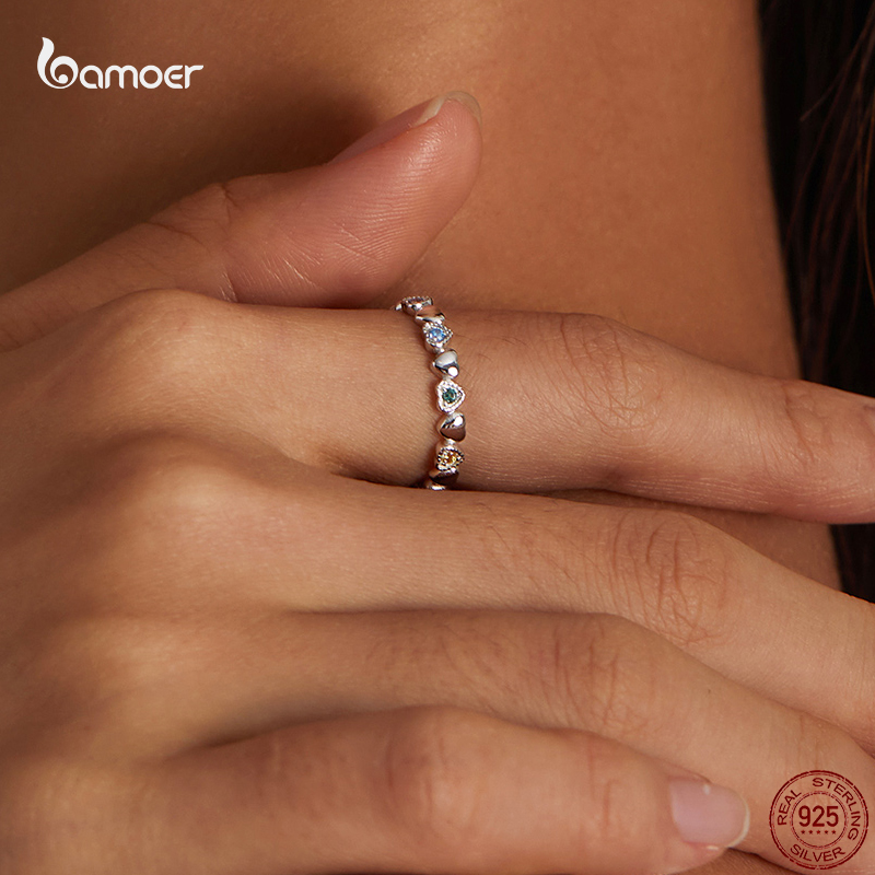 Bamoer Echtem 925 Sterling Silber Regenbogen Herz Ring für Frauen Liebe Ringe Luxus Bunte Zirkon Hochzeit Schmuck