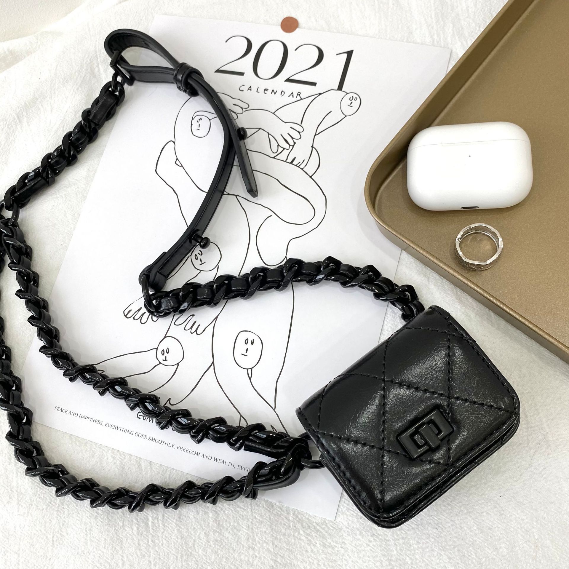 Riñonera de cuero con cadenas pequeñas para mujer, bolso de lujo con solapa, de , con cadena, a cuadros,: Black