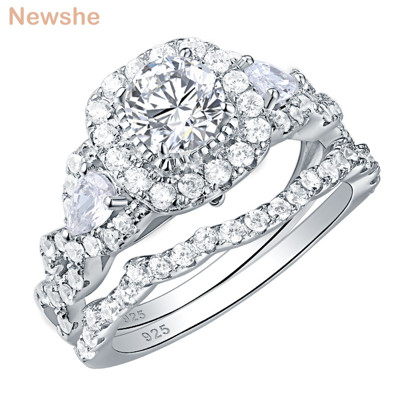 Newshe 2 sztuk pierścionek zaręczynowy ślub zestaw pierścieni dla kobiet 925 Sterling Silver 2.4Ct okrągły gruszka biały Cz rozmiar 4-13