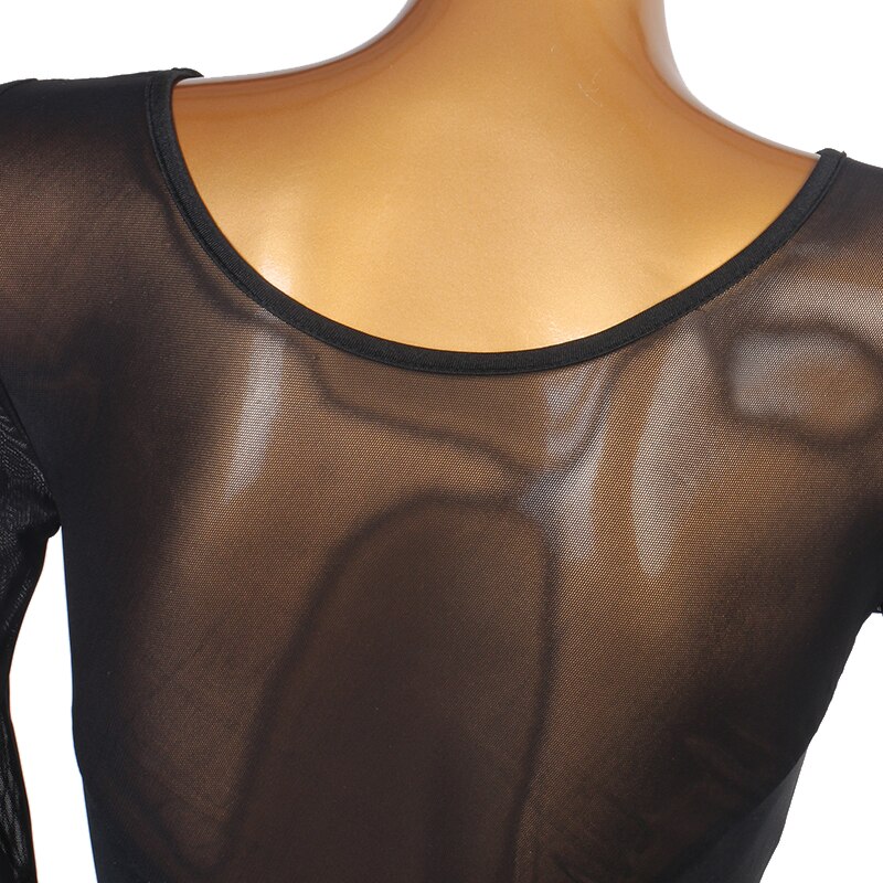 Body negro para baile latino, Tops de manga larga, traje de baile de salón con espalda de malla Sexy, ropa de práctica Social femenina