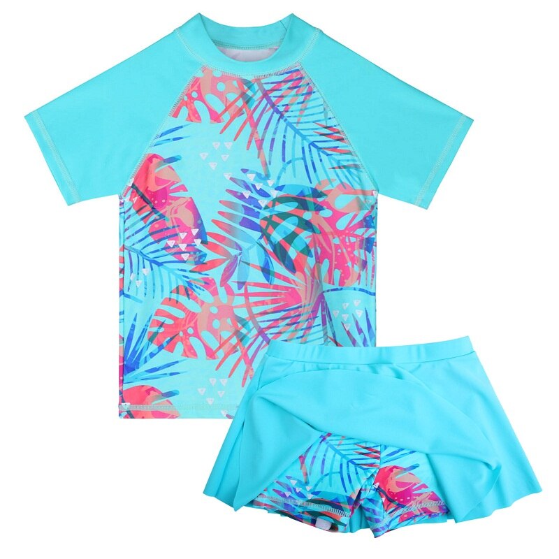 BAOHULU Short Sleeves Cute Girls Swimsuit 2 Pieces Shorts Skirt Girls Swimwear for Kids Cyan Tree Print UPF50+ Bathing Suit: S360 LeaveCyan / 4A