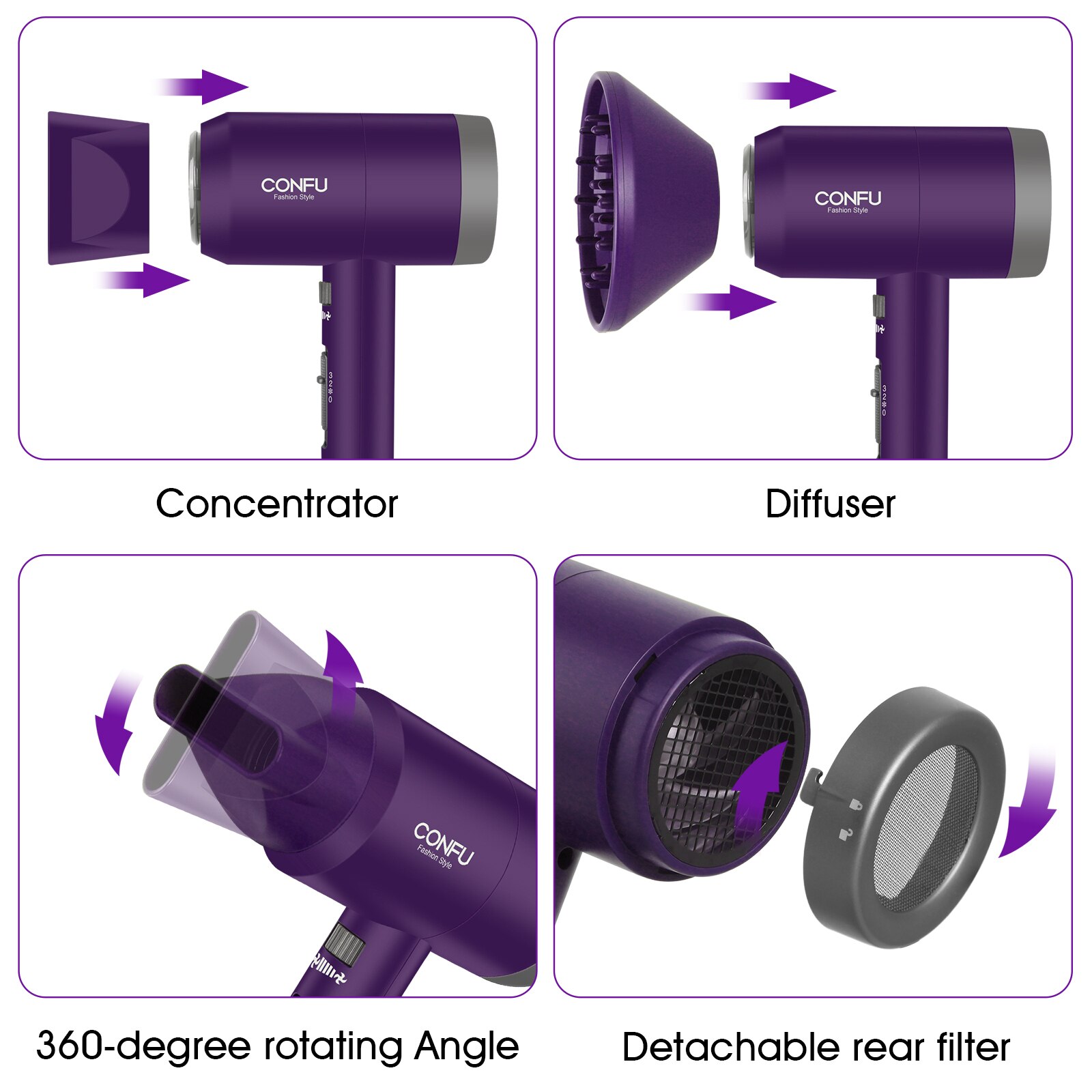 CONFU 1600W Hair Dryers Negative Lonic Blow Dryer Lightweight Powerful DC Motor Hairdryer Styling Tools for Travel Household Use