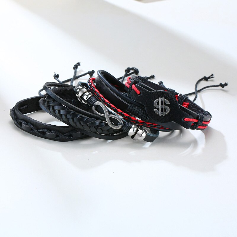 Vintage Infinity Dollar Sign Multilayer Lederen Armbanden Mannen Mode Gevlochten Handgemaakte Ster Touw Wrap Armbanden Mannelijke