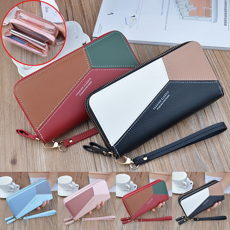 Geometrisk kvinner clutch rosa lommebøker telefonlomme veske kortholder lappeteppe kvinner lang lommebok dame kredittkort pu-boks