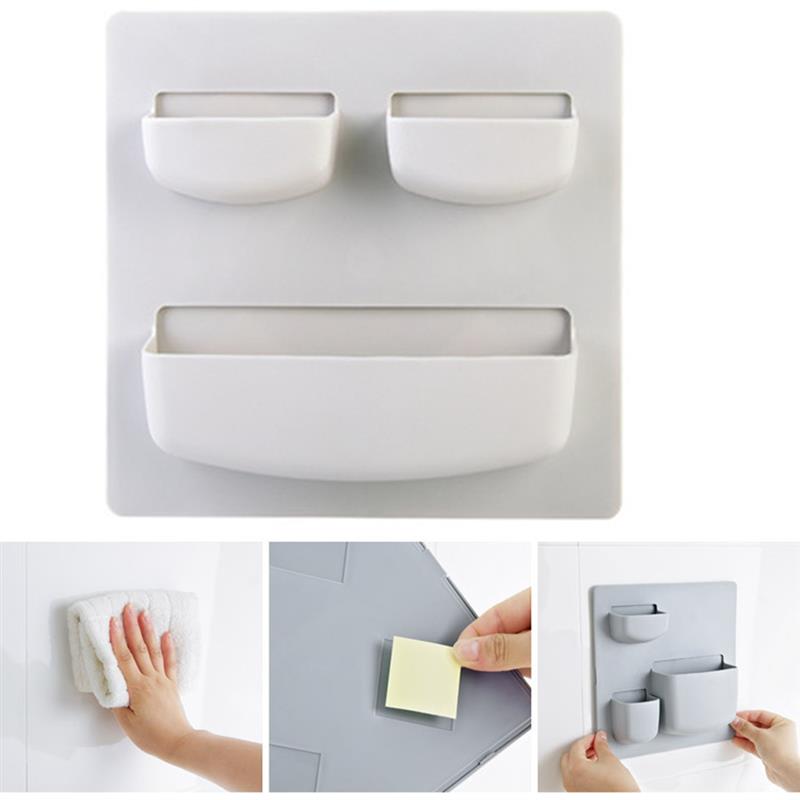 Portable Self-adhesive Plastic Hanging Wall Storage Rack Organizer With 3 Compartments For Bedroom Living Room Kitchen Organizer