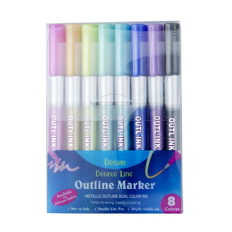 Bolígrafo de doble línea para escribir y dibujar tarjetas de de 8 colores, rotulador de doble línea para contorno, dos líneas para rotulador de dibujo artístico, bolígrafo de grafiti, marcador de lectura de Estudiante