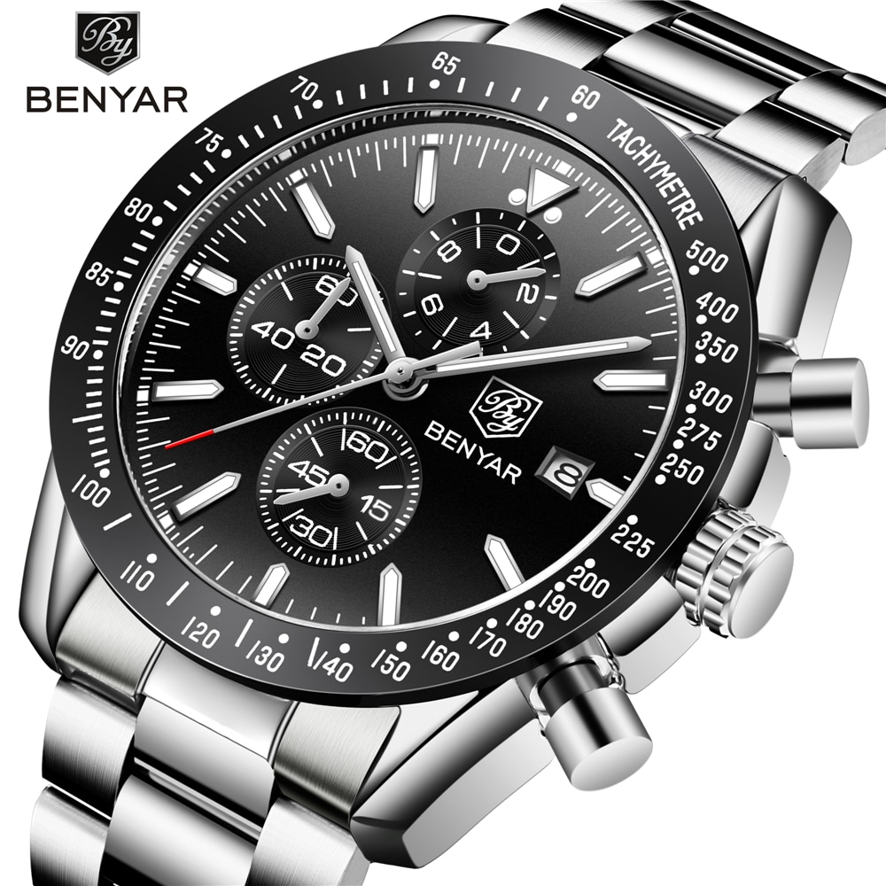 Reloj BENYAR para hombre, reloj de cuarzo de acero completo para negocios, reloj de de lujo informal resistente al agua para hombre, relojes deportivos masculinos con cronógrafo