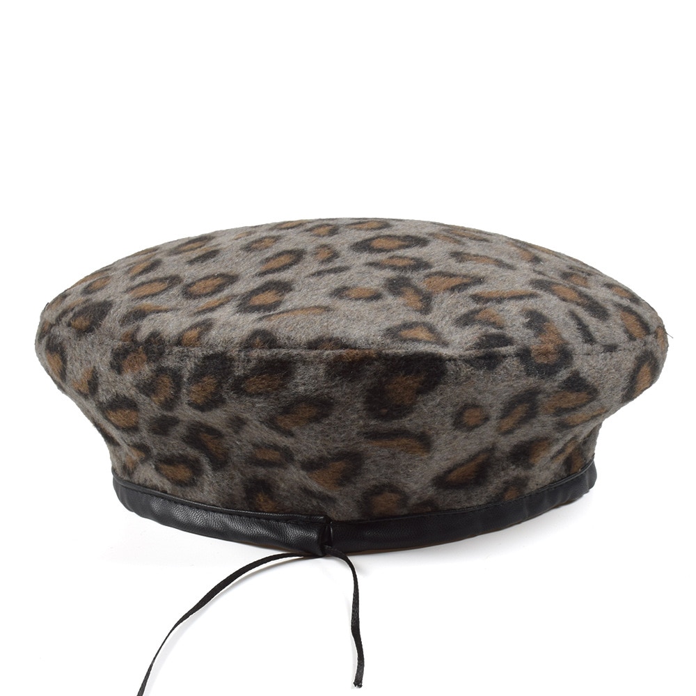 Kvinnor faux leopard baskertryck vinterhatt röd flicka konstnär brun fransk hatt ull kashmir vår kvinnlig vintage platt keps: 1