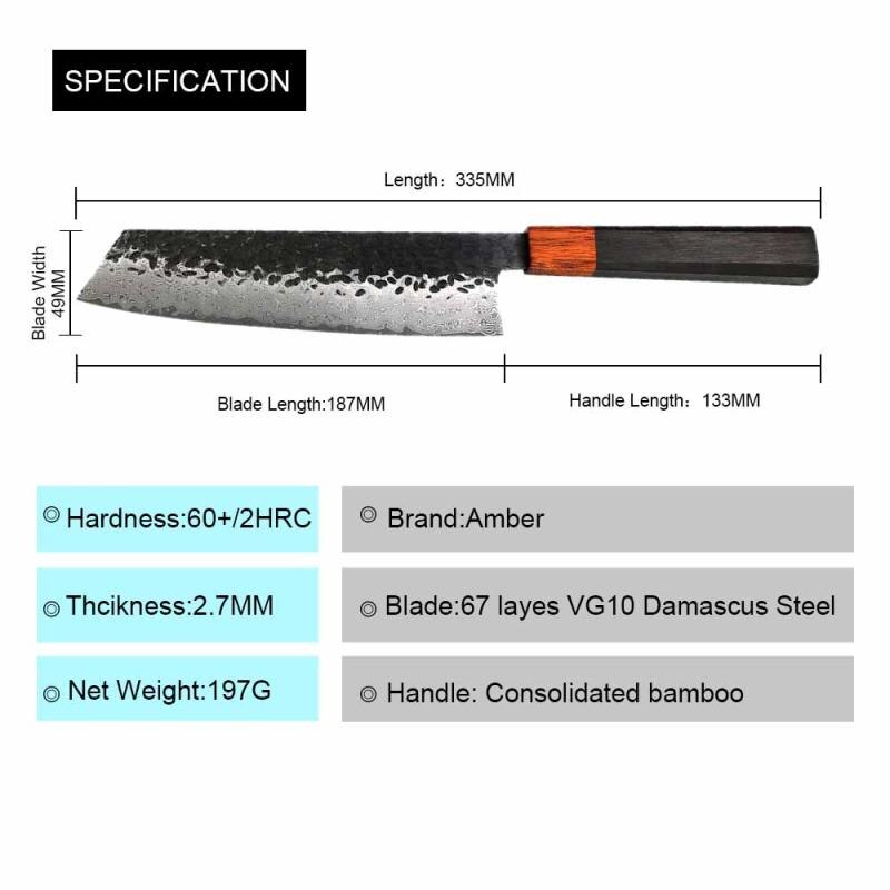 Bärnsten  vg10 damaskus konsoliderat bambuhandtag smideshammare damaskuskniv 8 tum japansk nakiri kockkniv 67 lager