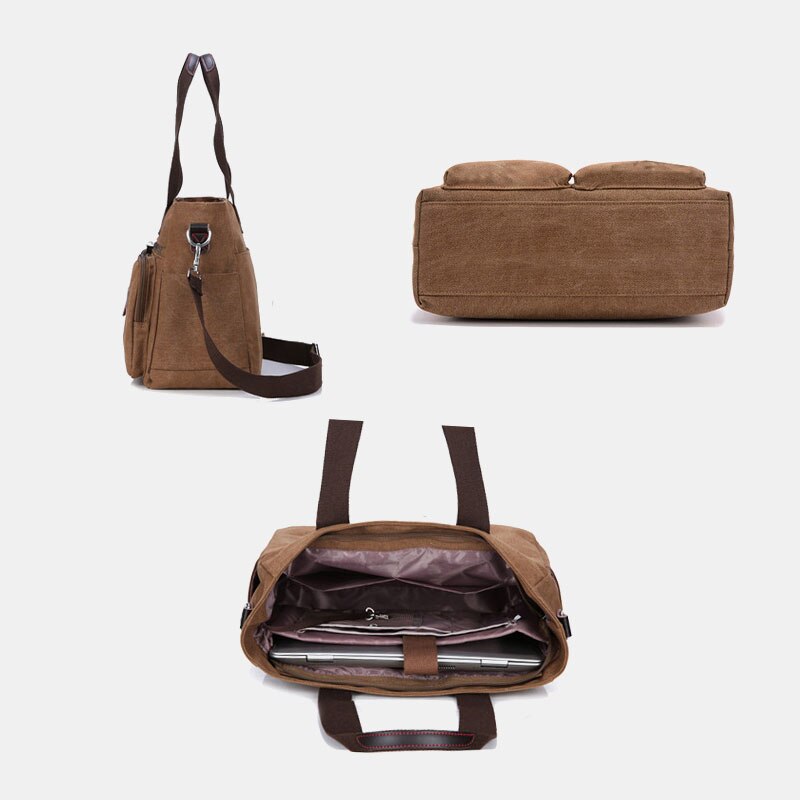 Men's Canvas Briefcase Business Handbag Multi-pocket Shoulder Crossbody Bag Laptop Office File Storage Organizer Men Bags
