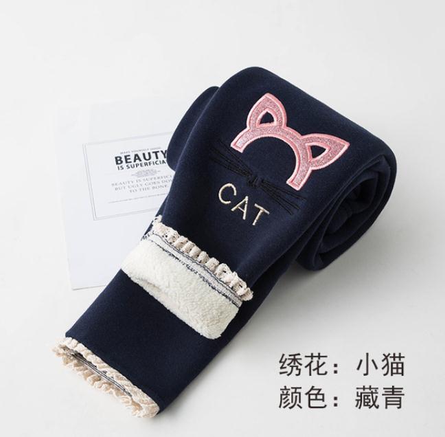 Enfants pantalons automne hiver bébé Leggings dessin animé impression solide en peluche enfants filles pantalons: C Navy / 10T-140