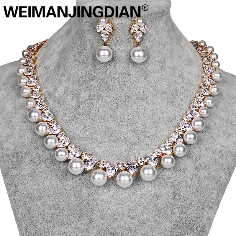 Original weimanjingdian zircônia cúbica e concha pérola colar e brinco conjunto de casamento nupcial da dama de honra jóias