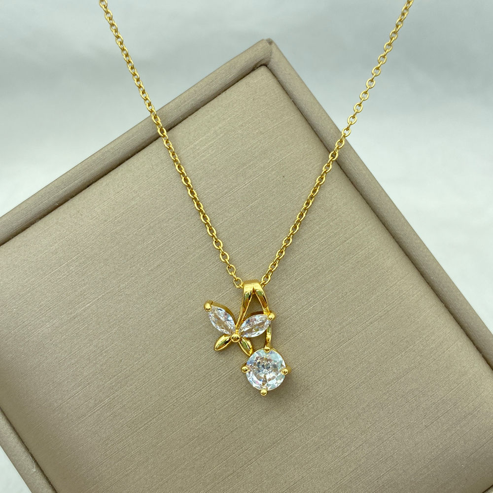 Gold Color Stainless Steel Necklace for Women Style Butterfly Jewlry Green Water Copper Pendant Zircon Pearl Cross Butterly