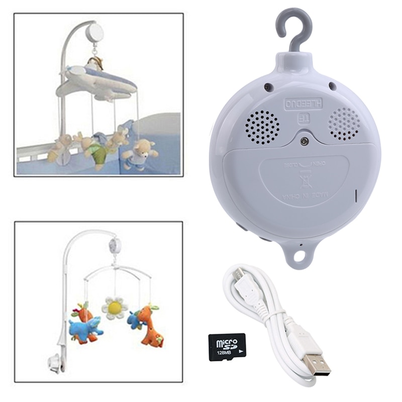 Baby Crib Mobile Rattles Song Rotary Bed Bell Toy Battery-operated Movement Music Box Stroller Hanging Bell Toys+128MB SD Card