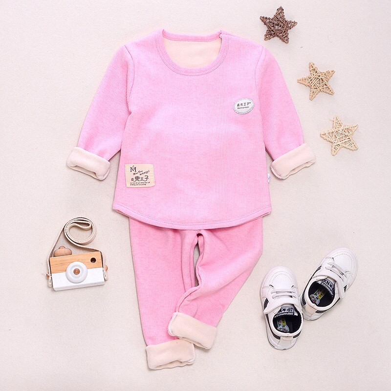 Winter Effen Kleur Katoen Kinderen Pyjama Sets Warm Baby Meisjes Jongens Kleding Jongen Meisje Plus Fluwelen Dikke Kids Nachtkleding: Roze