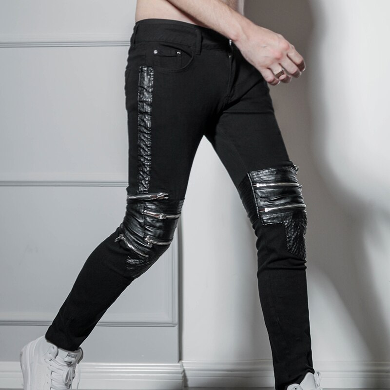 Europese En Amerikaanse Nachtclubs Hip Hop Westkust High Street Style Hip-Hop Slim Fit Rits Pu Stiksels Zwarte Jeans Mannen 'S Bri