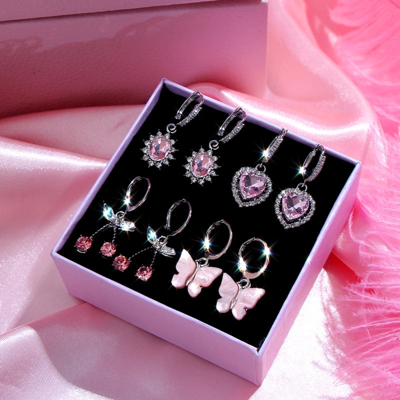 JUST FEEL 4Pcs/set Shiny Heart Crystal Earrings Female Multicolor Butterfly Cherry Earring Sets Statement Jewelry