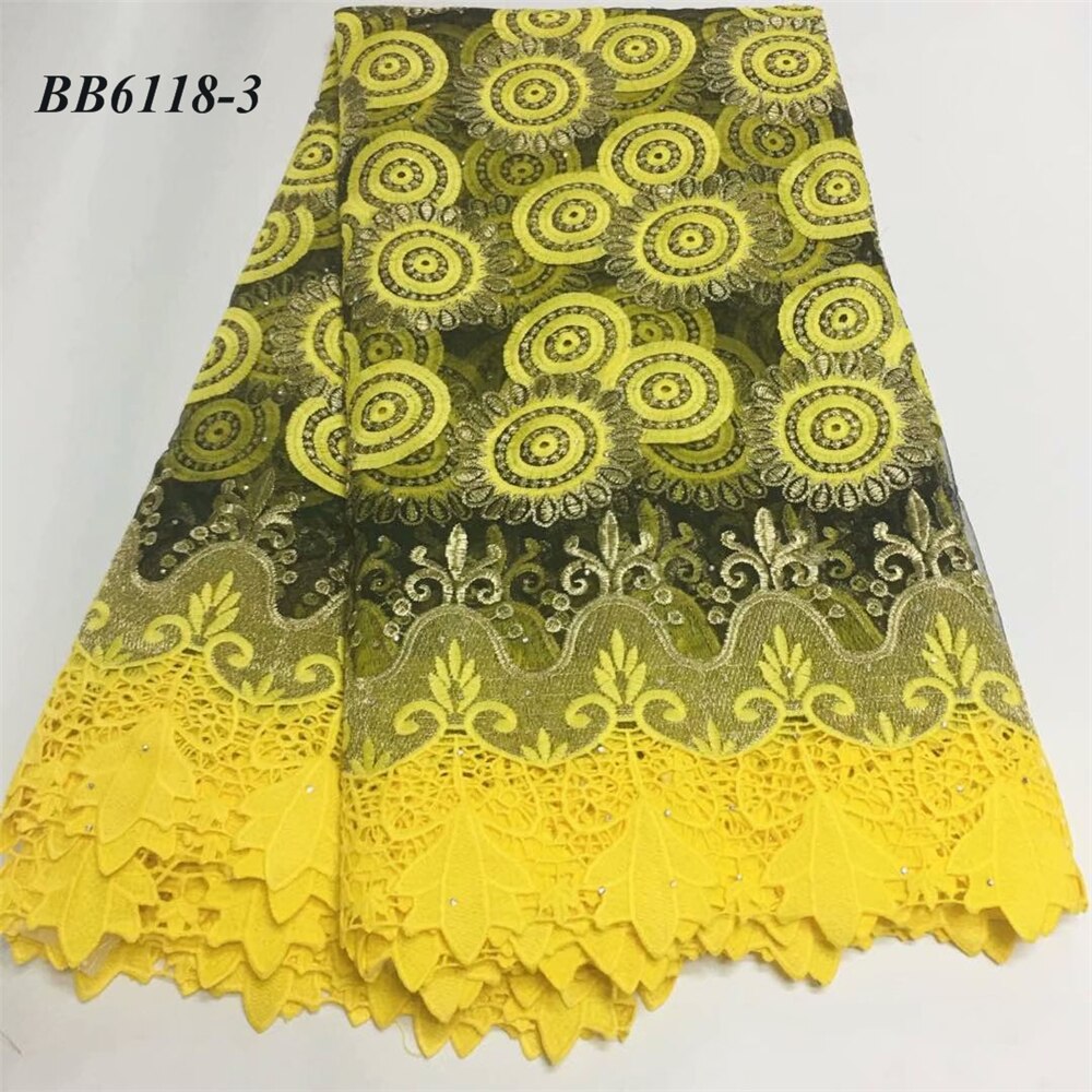 Afrikaanse Stijl Koord Netto Kant Borduurwerk Met Stenen Lady Party Gele Kleur 5 Yards: 3