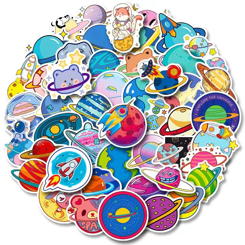 Outer Space Astronaut Stickers Fridge Travel Suitcase Skateboard UFO Astronaut Rocket Ship Planet Cartoon Decal Stickers Pack: C2 / 50PCS