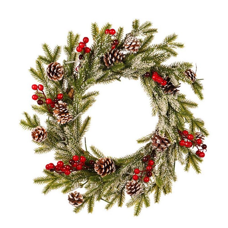 Christmas Garland PE Pine Cone Red Fruit Wreath Romantic Christmas Decoration White Flocking Pendant with Frost Ornaments Arts: Default Title