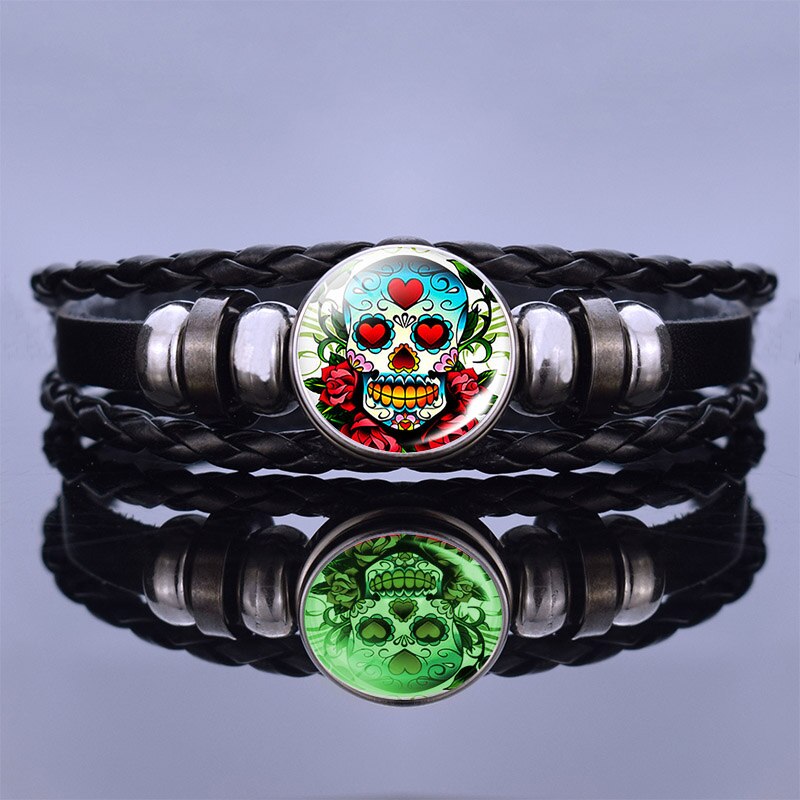 Glow In The Dark Aztec Calendar Mexican Art Men Punk Braided Bracelet Charm Mayan Calendar Jewelry: size 4