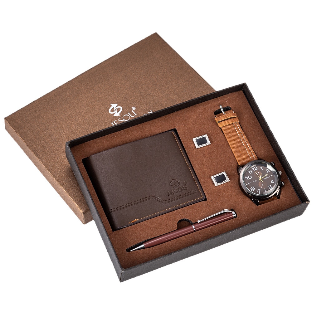 Mannen Set Prachtig Verpakt Horloge + Portemonnee Manchetknopen Pen Set Creatieve Combinatie Set
