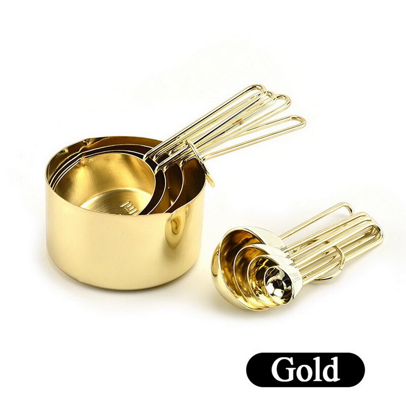 8Pcs Stainless Steel Measuring Spoons and Cups Stackable Set Stackable Measuring Set Liquid Dry Food Measurement Cup: Golden