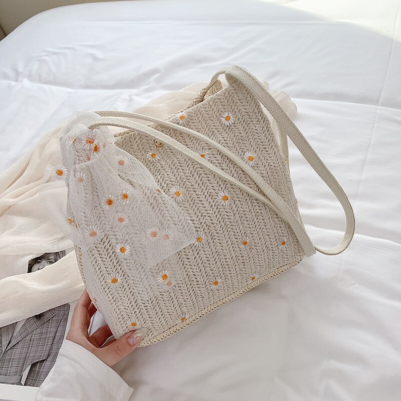 Casual laço floral rattan baldes sacos de vime tecido feminino sacos de ombro senhora bolsas praia verão palha saco grande capacidade tote: beige