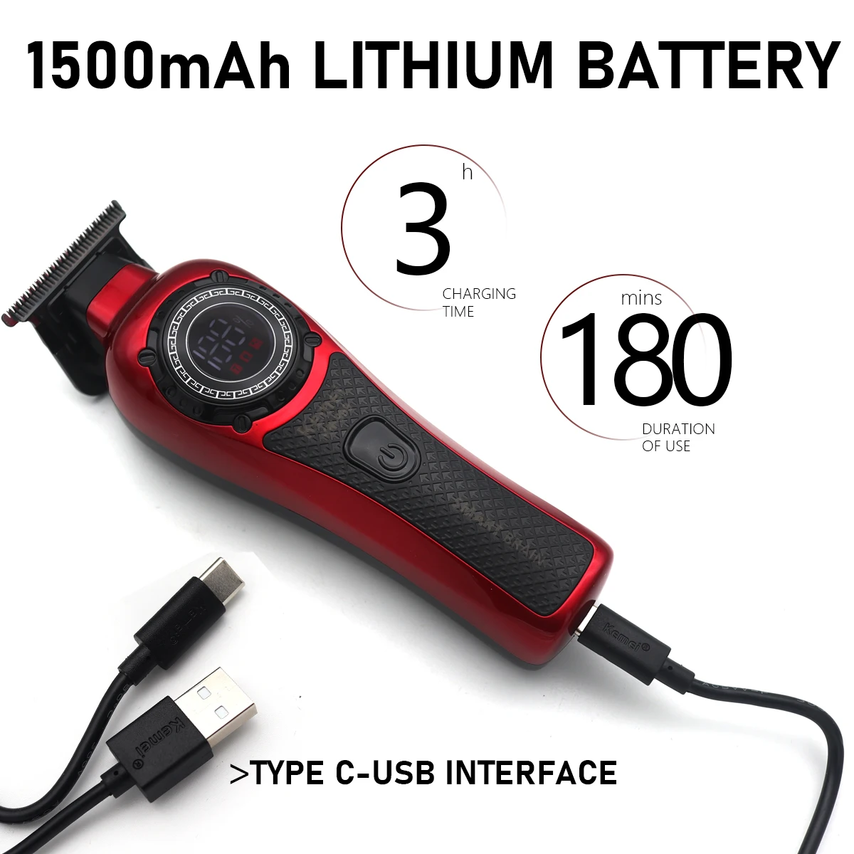 Kemei KM-999 Hair Trimmer for Men DLC T-Blade Zero Gapped LED Display Cordless USB Hair Clipper Finishing Machine