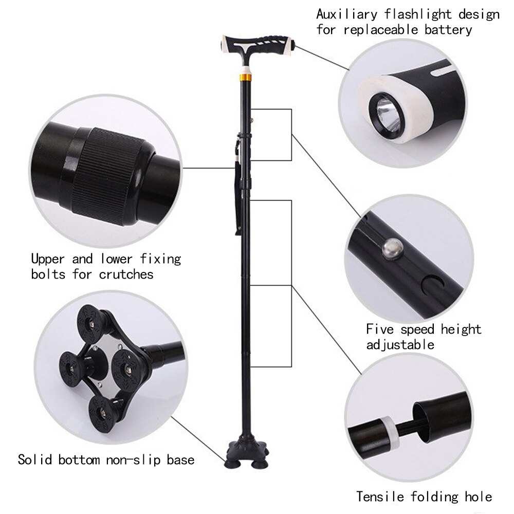 LED Light Four-legged Walking Stick Telescopic Baton Hiking Trekking Poles Metal Folding Cane Elderly People Crutches Pole