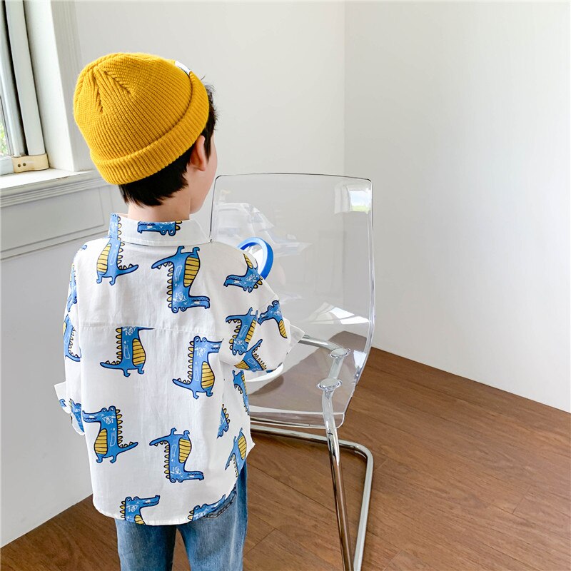 Voorjaar Mode Jongens Dinosaurus Print Lange Mouwen Kids Kraag Losse Casual Tops 1-6Y